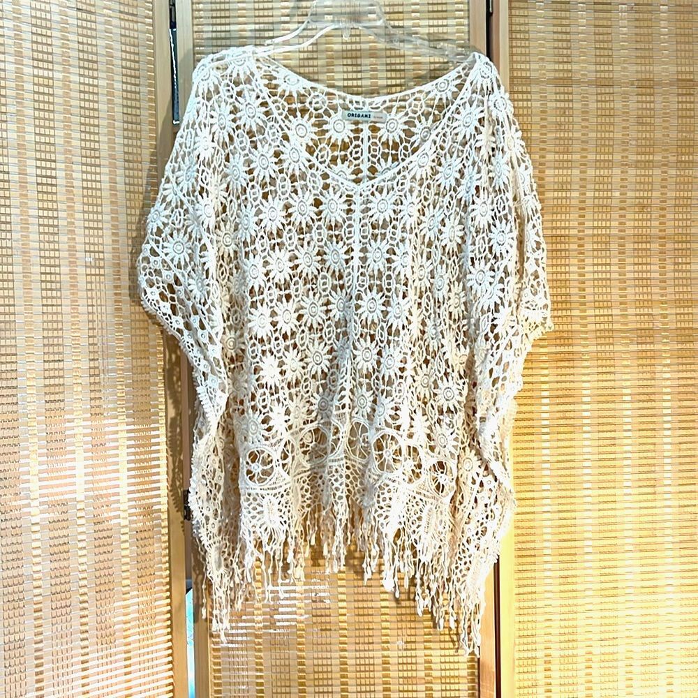 Origami by Vivien Ivory cotton Crocheted Lace Tunic Top OS